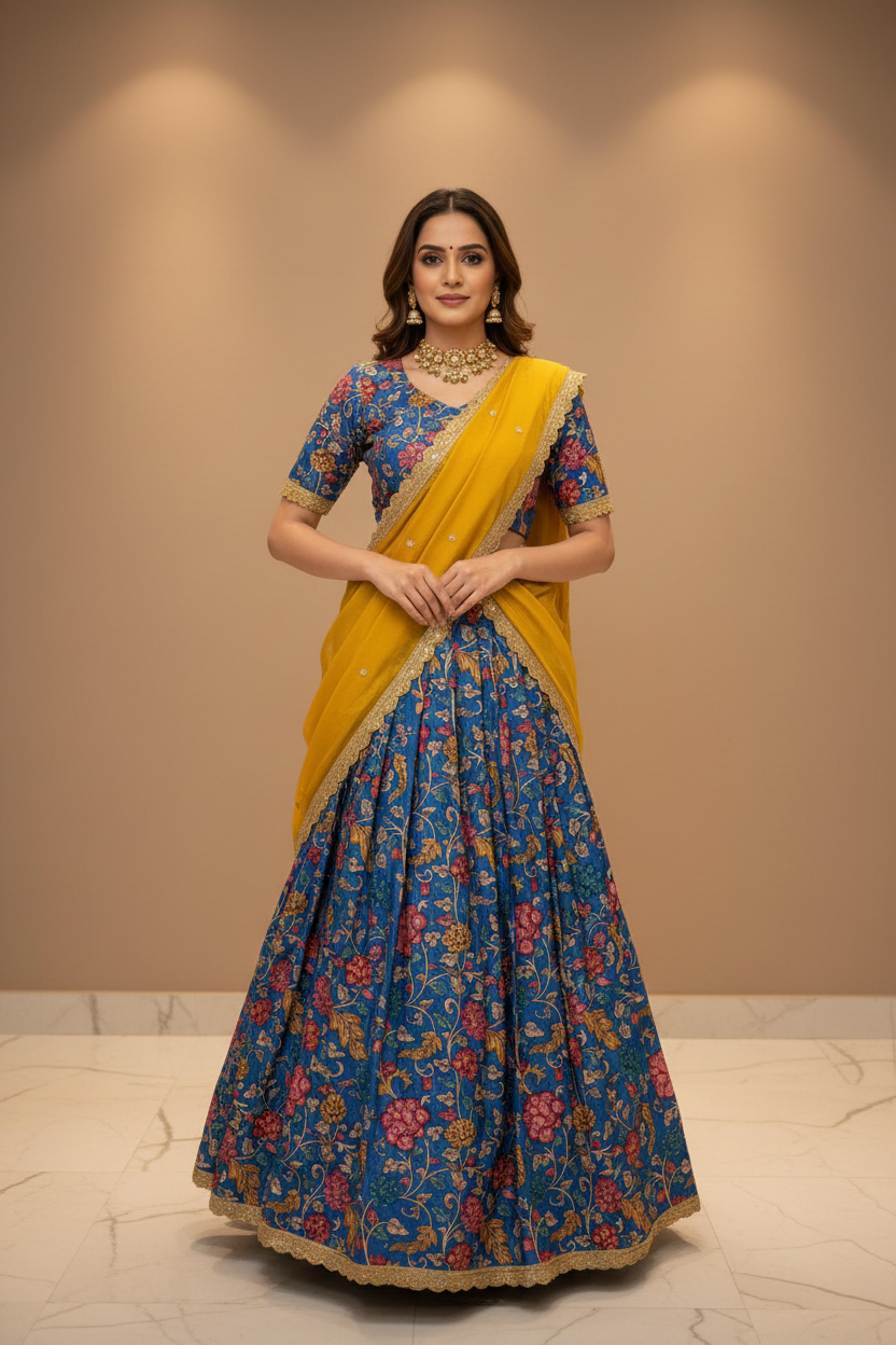 Teenage Girls Royal Blue Kalamkari Half Saree Set