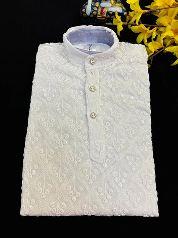 Boys White Chikankari Kurta Pajama Set - Traditional Kids Wear