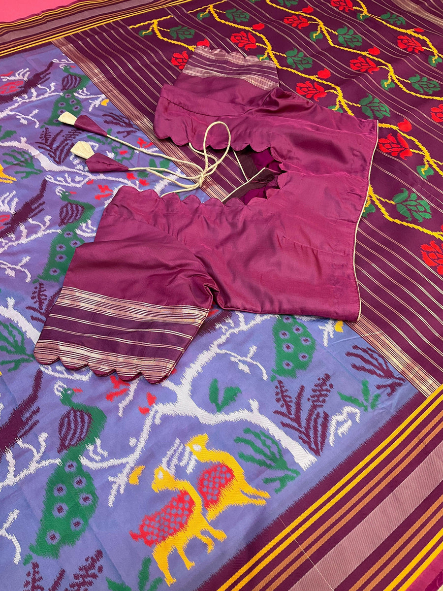 Lavender Semi Silk Ikkath Saree with Stitched Blouse - Jungle Theme Design