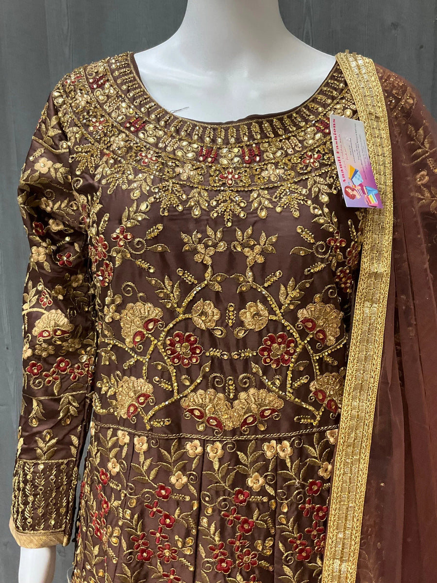 Heavy Wedding Full Work Dress Size 42 - Brown with Embroidery