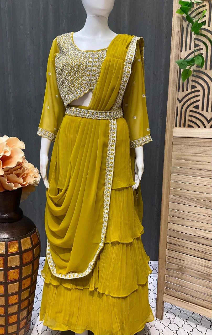 Ready to Wear Saree with Alia Cut Blouse Size 40 - Georgette with Belt