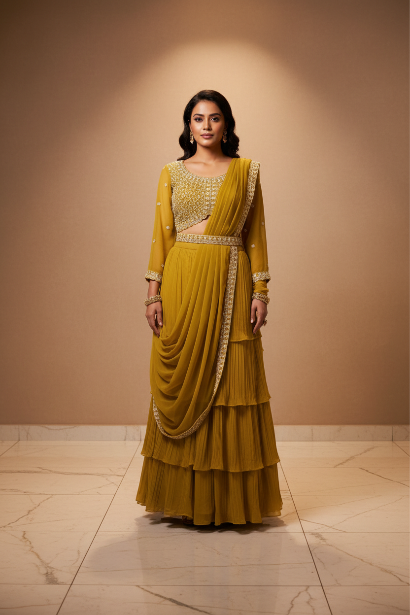 Ready to Wear Saree with Alia Cut Blouse Size 40 - Georgette with Belt