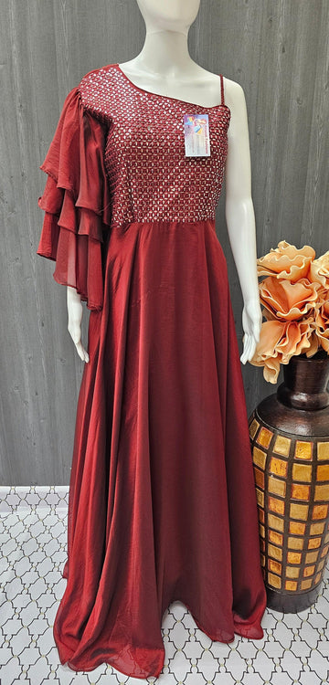 One-Shoulder Party Wear Long Dress - Sequin Foil Mirror Design