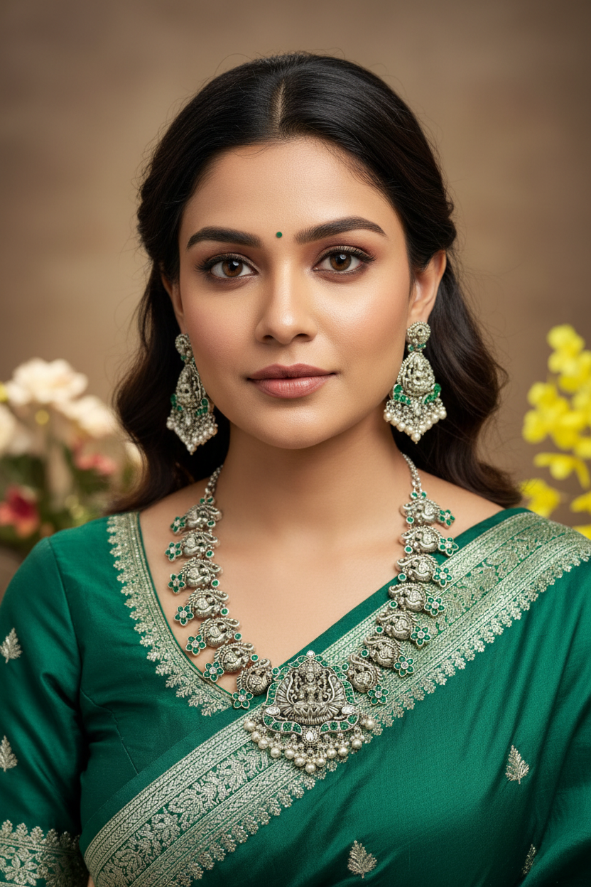 Woman in green Indian saree with silver and green traditional jewelry and earrings at Anandi Fashions