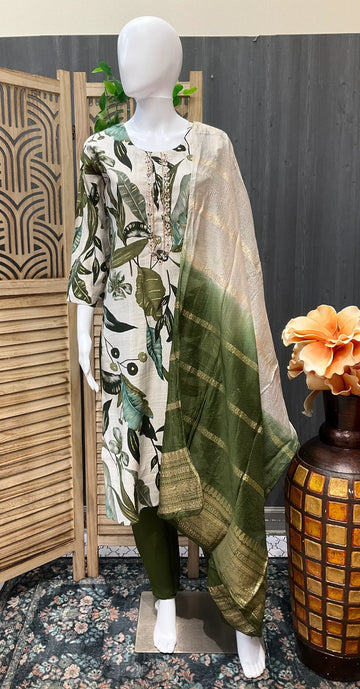 Leaf Pattern Cotton 3 piece Kurti set