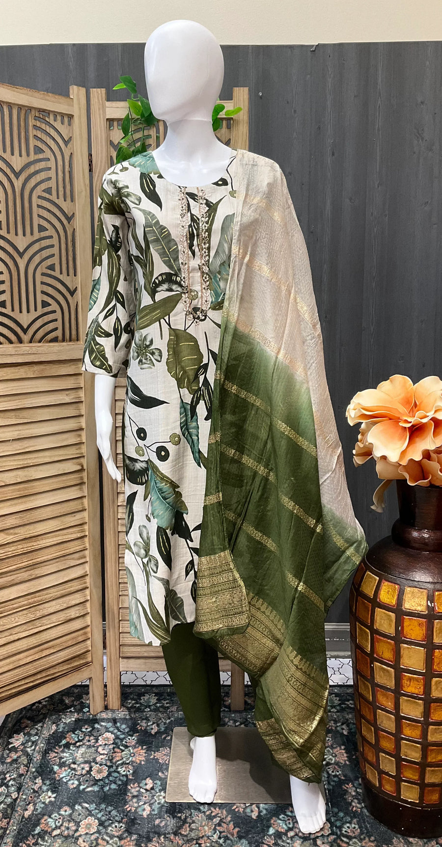 Leaf Pattern Cotton 3 piece Kurti set