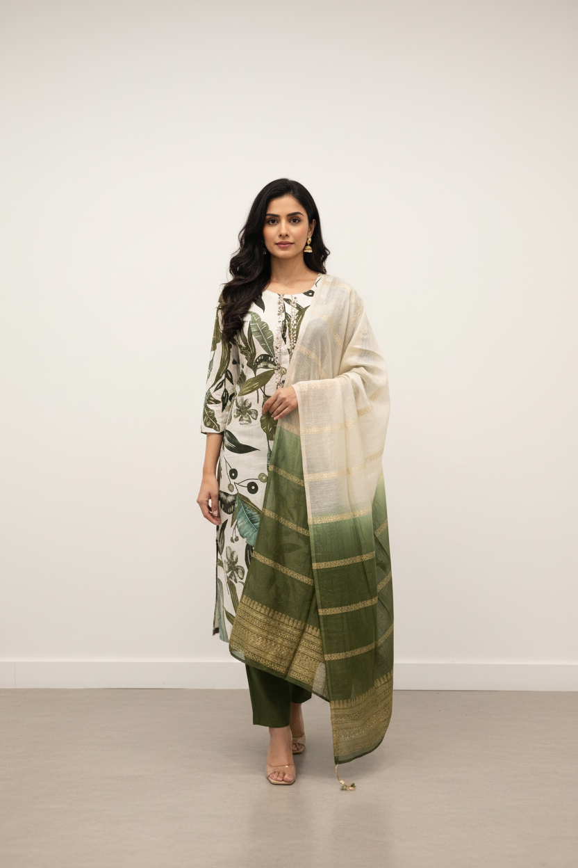 Size 42-Leaf Pattern Cotton 3 piece Kurti set