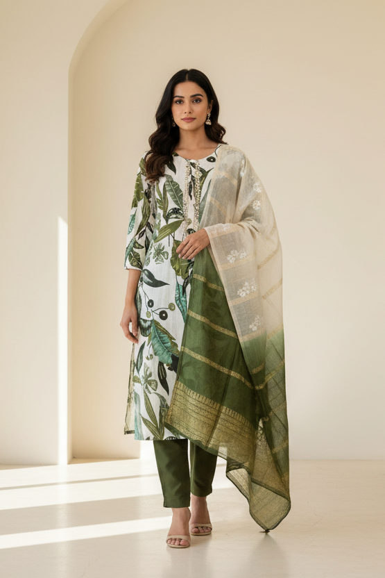 Size 42-Leaf Pattern Cotton 3 piece Kurti set