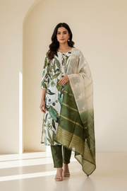 Women’s Leaf Pattern Cotton 3 Piece Kurti Set