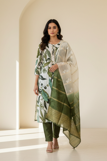 Size 42-Leaf Pattern Cotton 3 piece Kurti set
