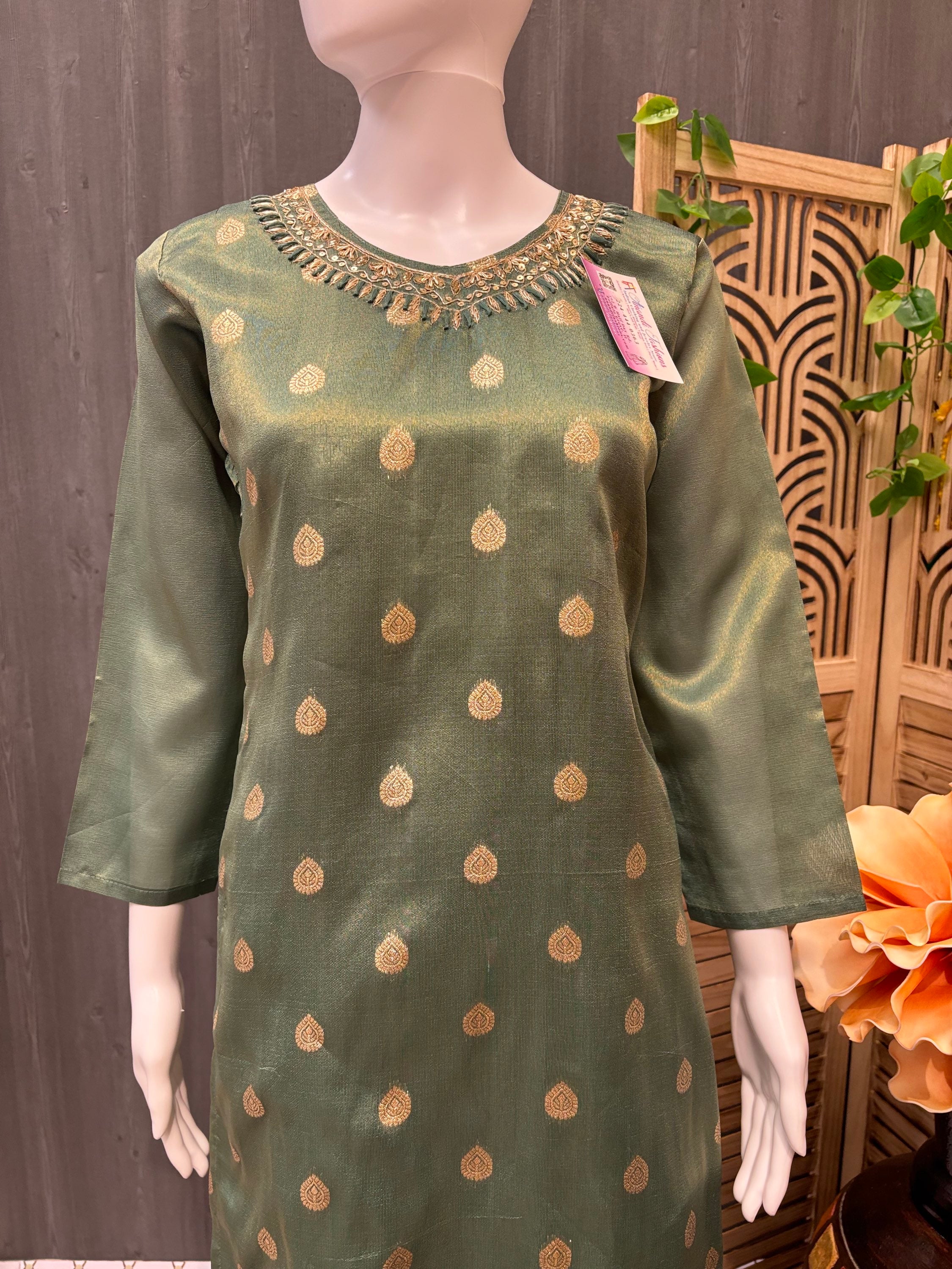 Green Banarasi Tissue Chudidhar set/Kurti set image 1