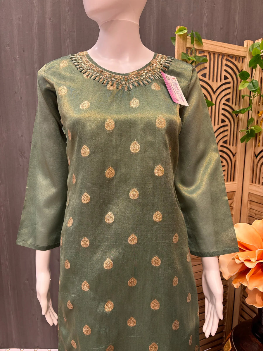 Size 40-Green Banarasi Tissue Chudidhar set/Kurti set