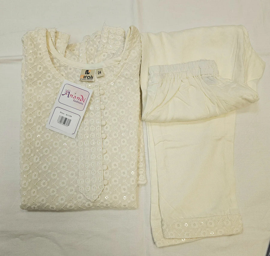 Girls- White Chikankari Kurti Set Size 24/26/28