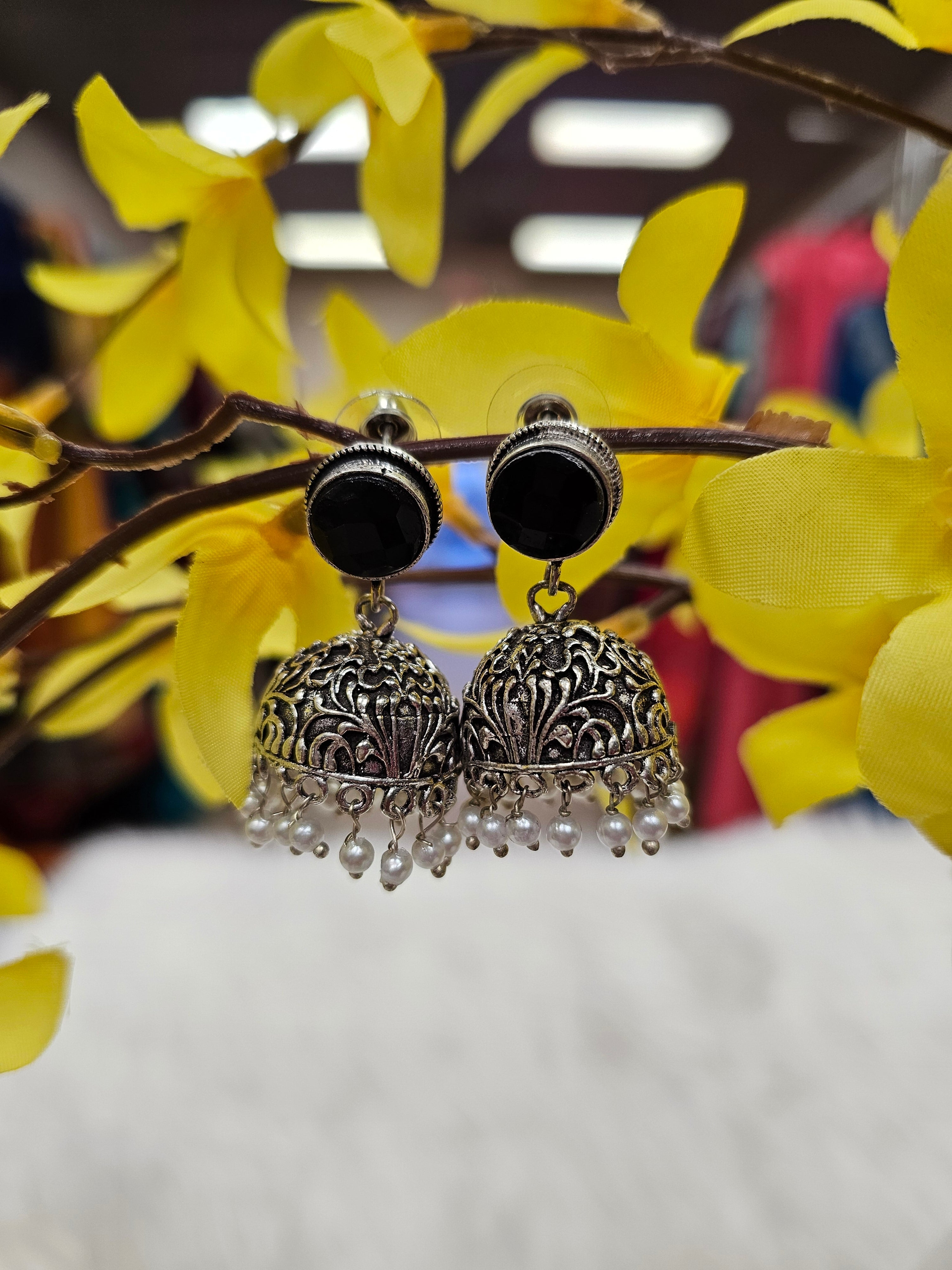 Antique Earrings - Jhumkas with Black Stone image 0