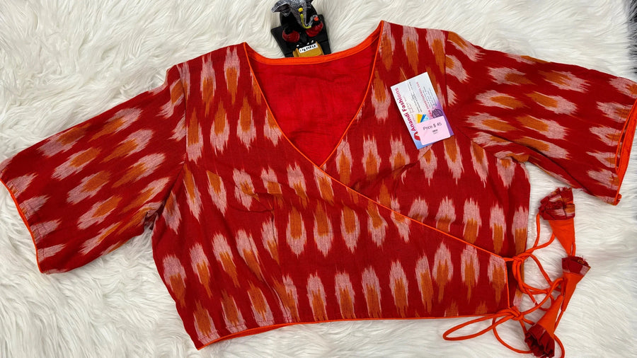 Pure Cotton Ikkat Print Linning Angarkha Style Blouse - Size 42