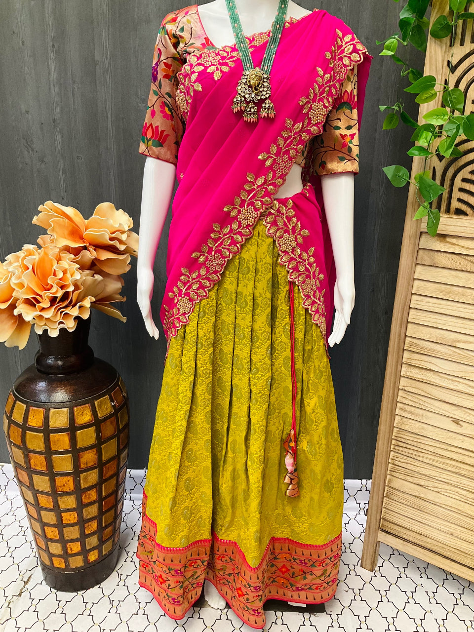 Banarasi lehanga/half saree with paithani border and blouse fits size 38-42 image 1