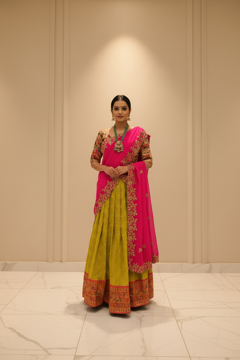 Banarasi Lehenga Half Saree with Paithani Border - Adult Size 38-42