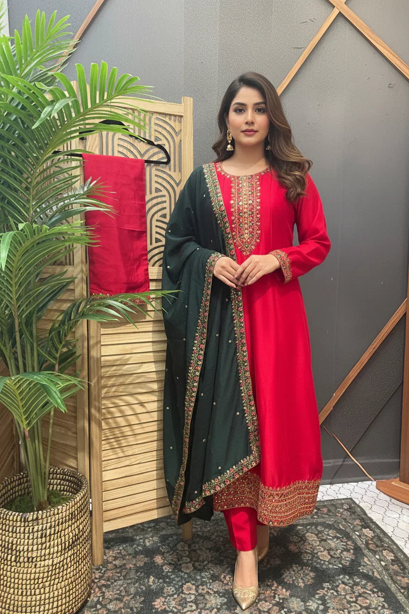 Woman in red Indian ethnic suit with intricate embroidery, black embellished dupatta, standing indoors by wooden screen and plant