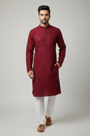 Plus Size Maroon Rayon Chikankari Men’s wear Kurta set