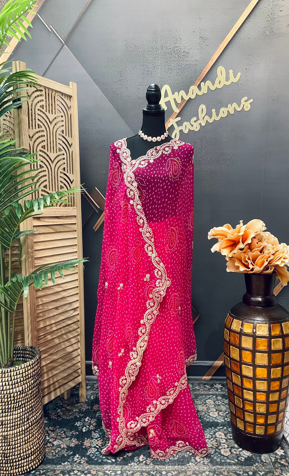 Pink Chiffon Bandhini saree with Embroidery Work