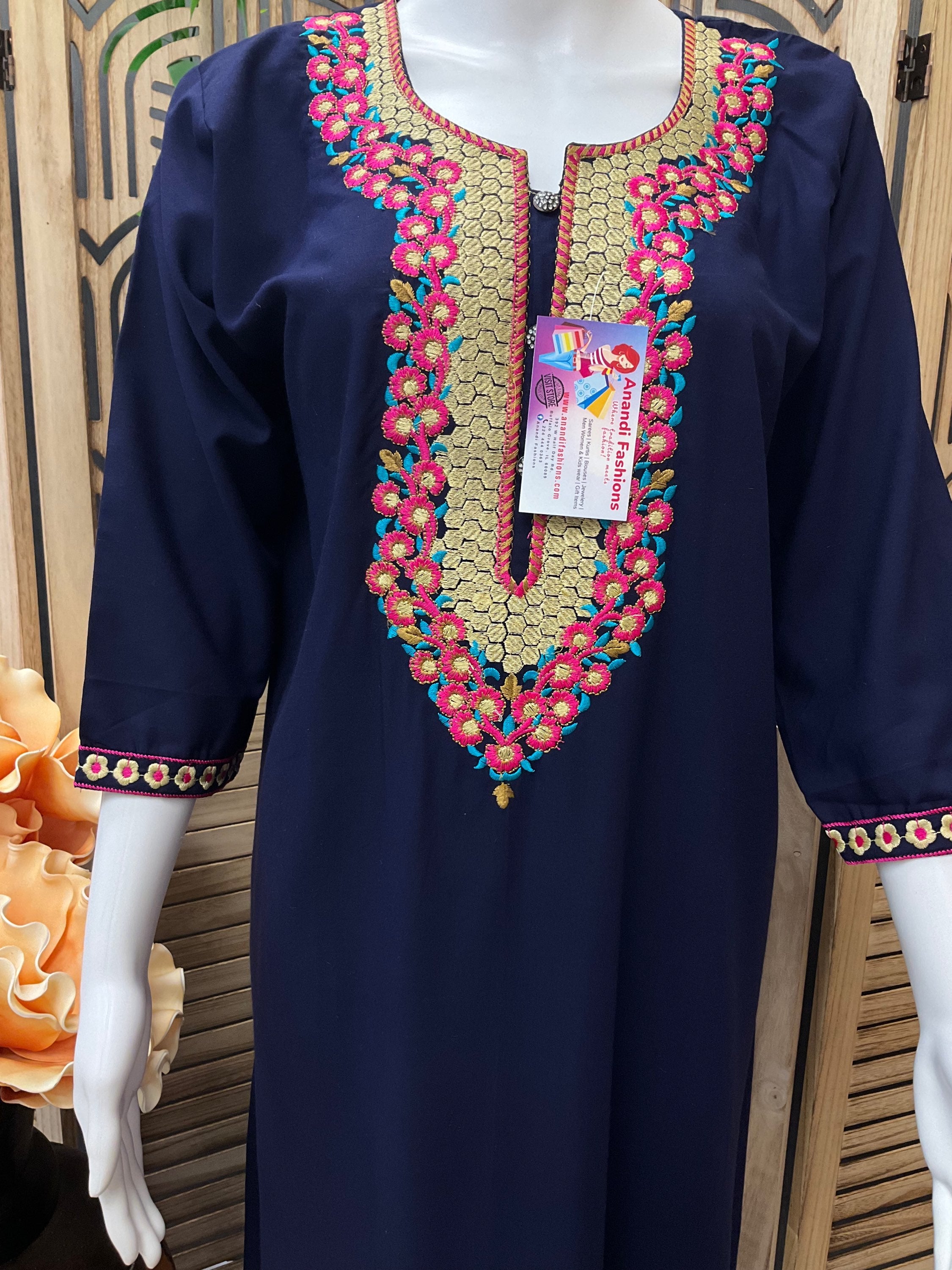 Indian Nighties - Rayon Nighty with neck embroidery and elbow sleeves image 1