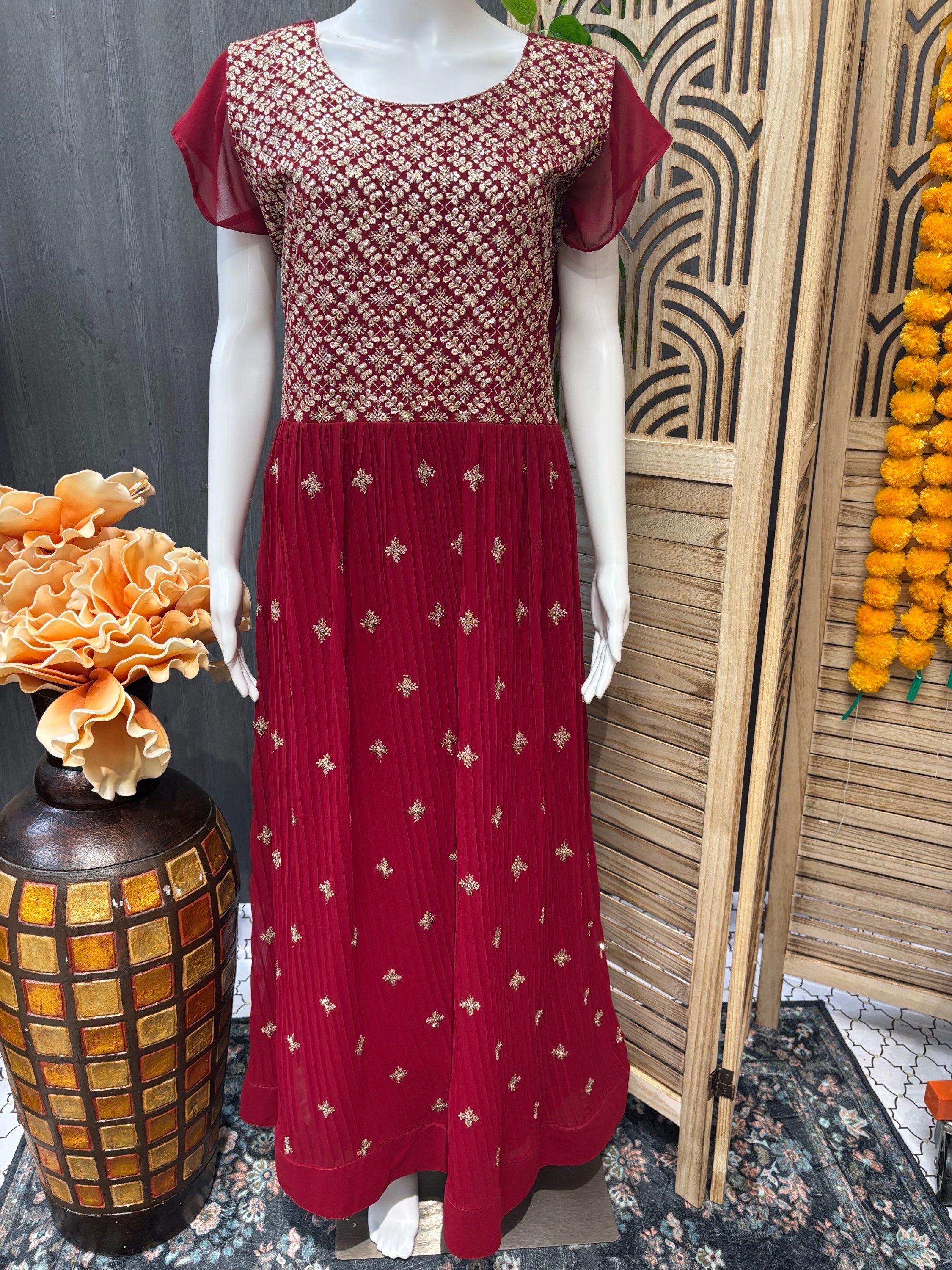 Maroon Red - Georgette Party wear Long Dress- Size 46/US XL image 0