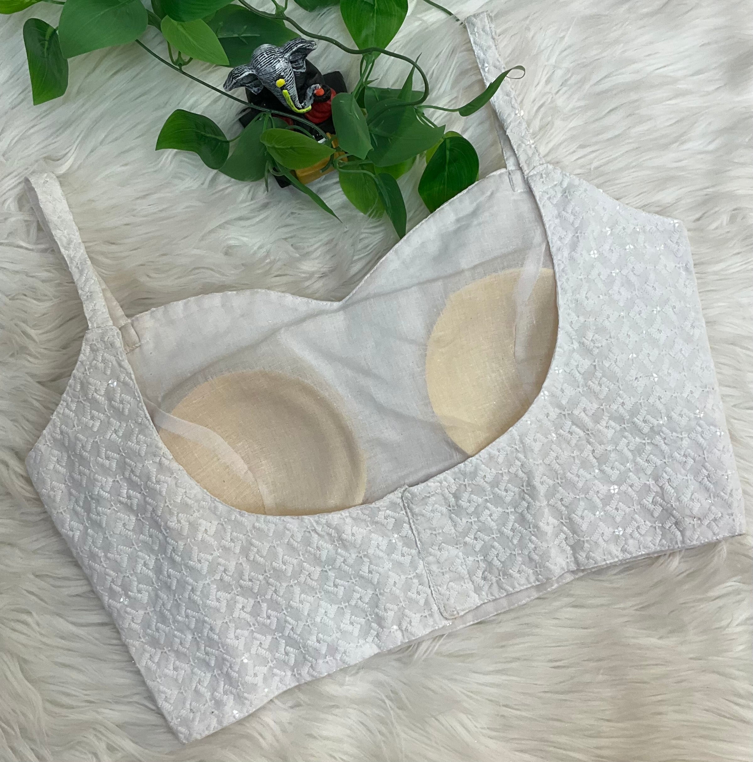 White Chikankari Thin strap Cotton Blouse - Size 38