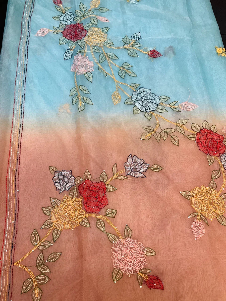 Blue organza saree shaded with Kantha thread work saree