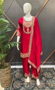 Red Party Wear Palazzo Set - Gold Zari Work