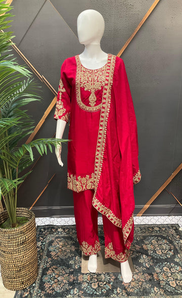 Red Party Wear Palazzo Set - Gold Zari Work