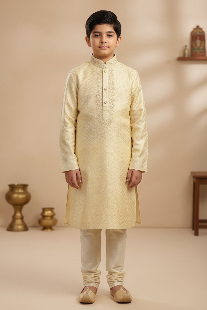 Boys Cream Gold Brocade Embroidered Kurta Pajama Set