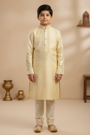 Boys Cream Gold Brocade Embroidered Kurta Pajama Set