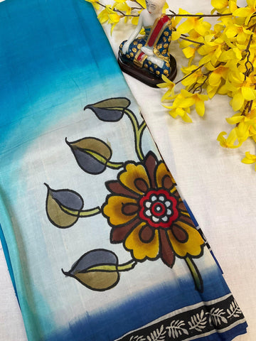 Blue Paper Silk Saree with Floral Print - Lightweight Elegant