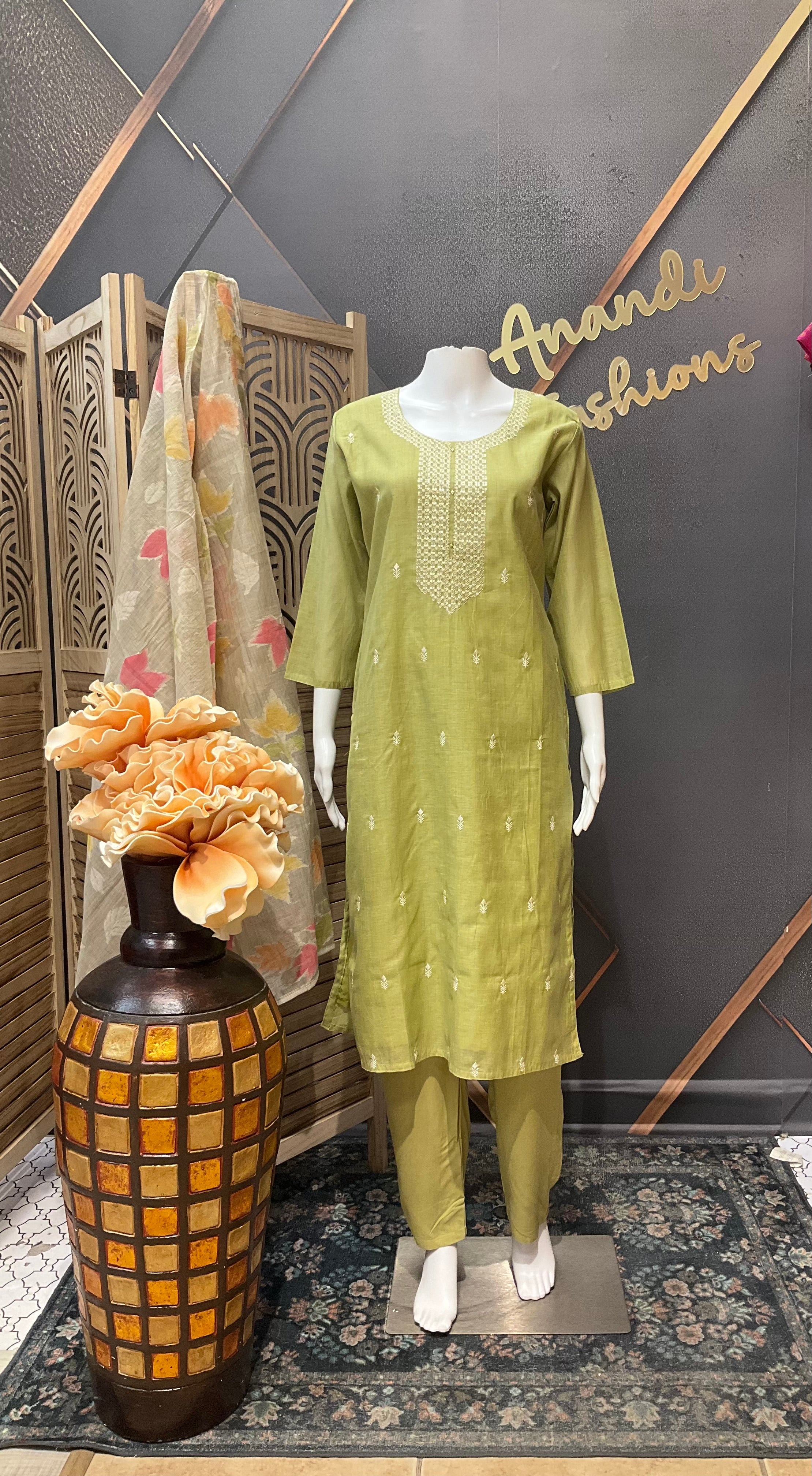 Green cotton Chanderi silk kurti set