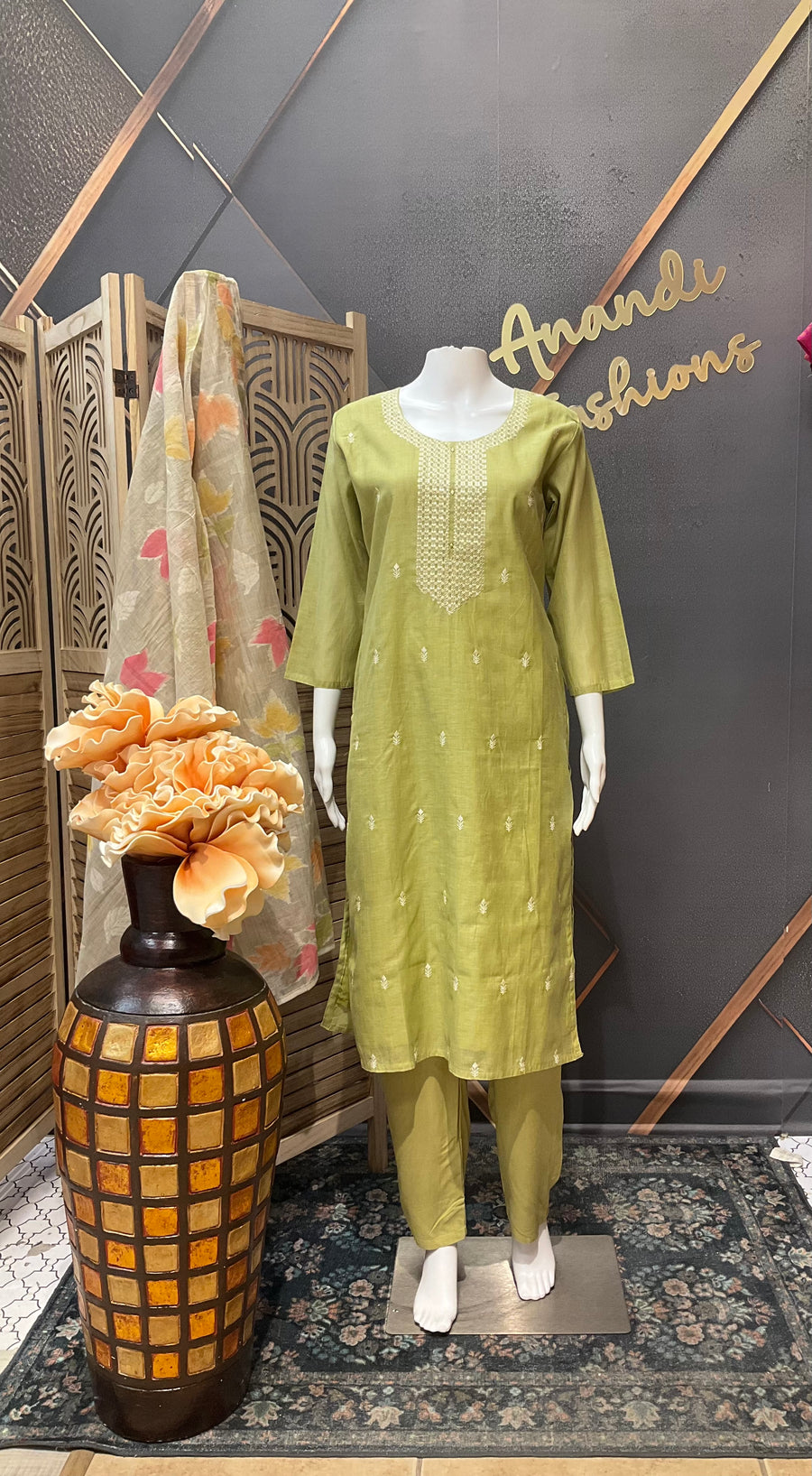 Green cotton Chanderi silk kurti set