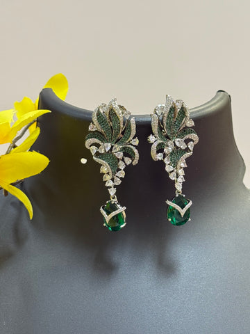 Silver Finish - Emerald Green Earrings