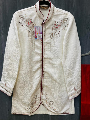 Mens Sherwani - Royal and Elegant White Sherwani with Jodhpuri Pants - Size 36
