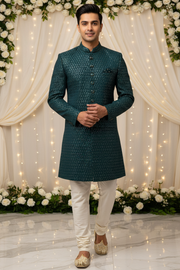 Men’s Teal Blue Indo Western Sherwani Set