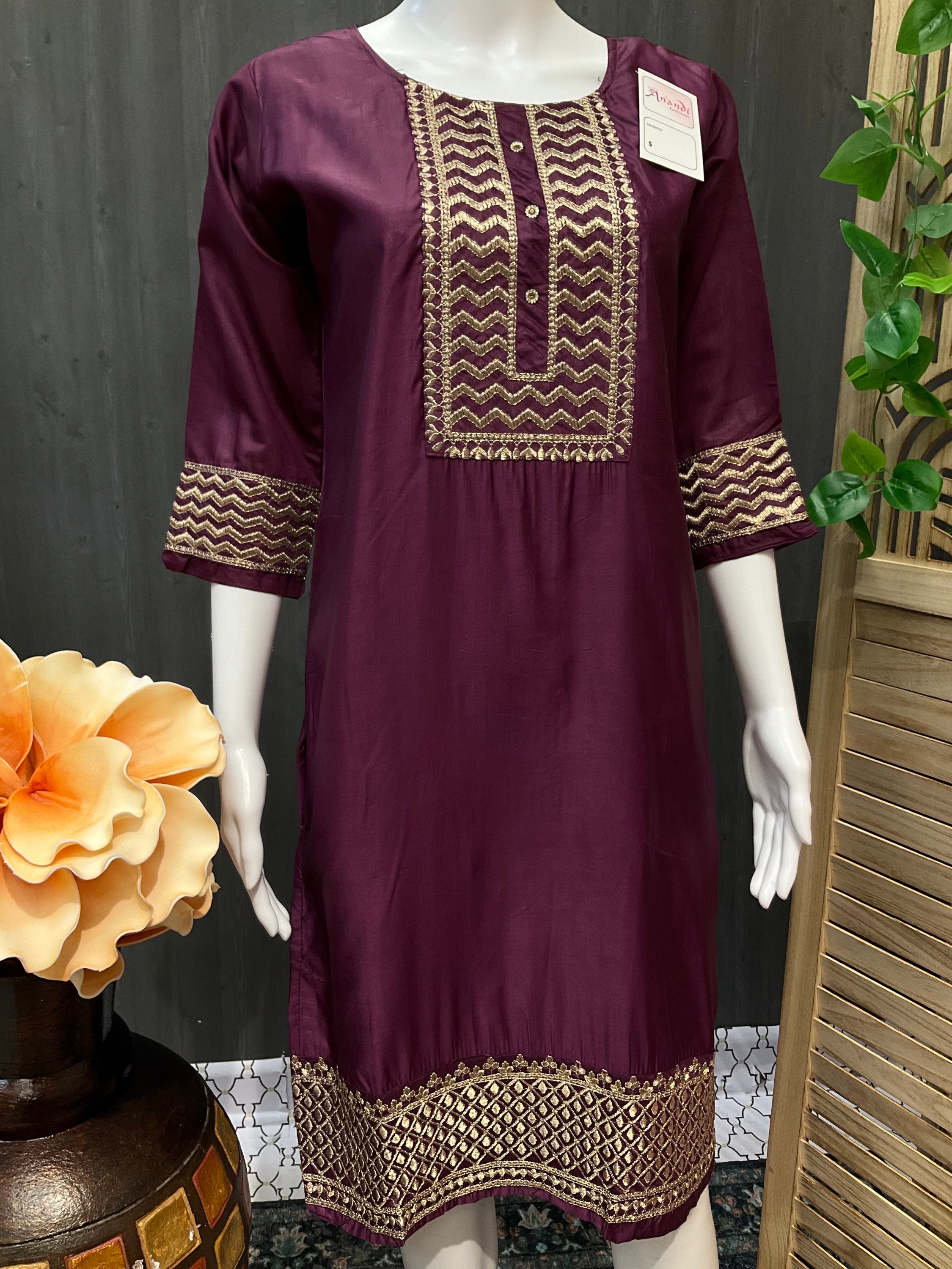 Wine color kurti with Gold Thread work image 2