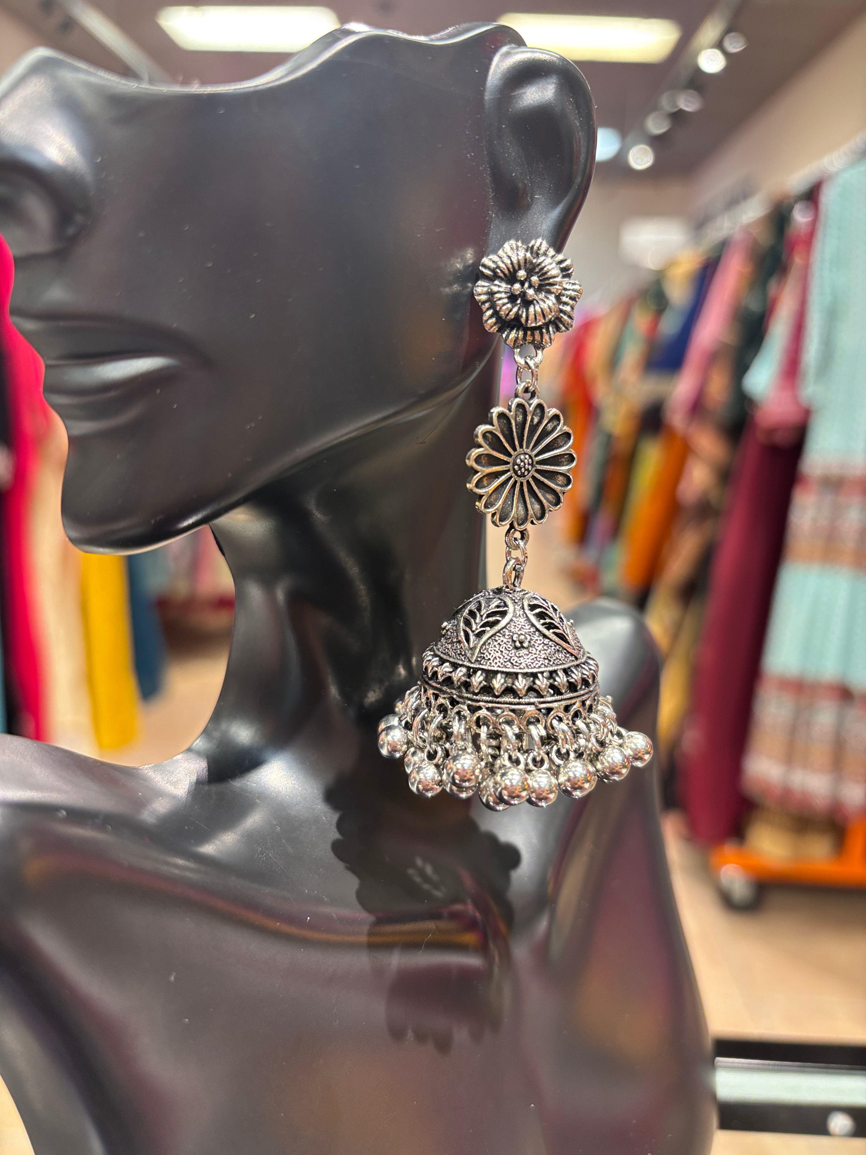 German Silver Jhumkas with Gungharu/small bells image 3