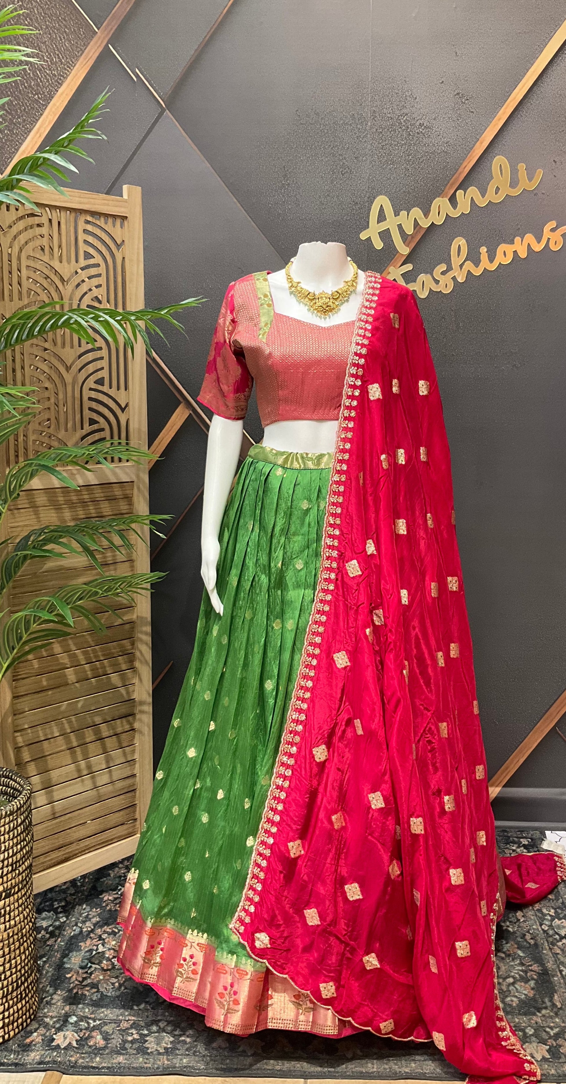 Adults Green & Pink Benarasi Half Saree/Lehenga set