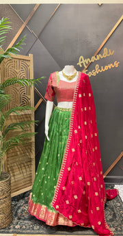 Green & Pink Benarasi Half Saree/Lehenga set