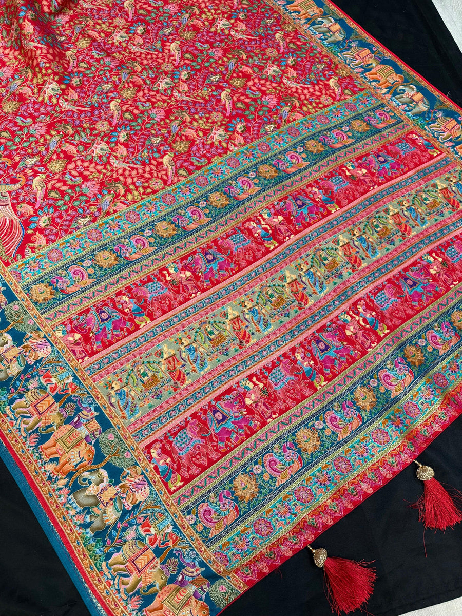 Premium Kashmiri Silk Red Saree with All Over Design