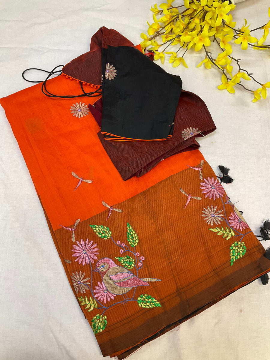 Mangalagiri Silk Orange Saree with stitched Blouse