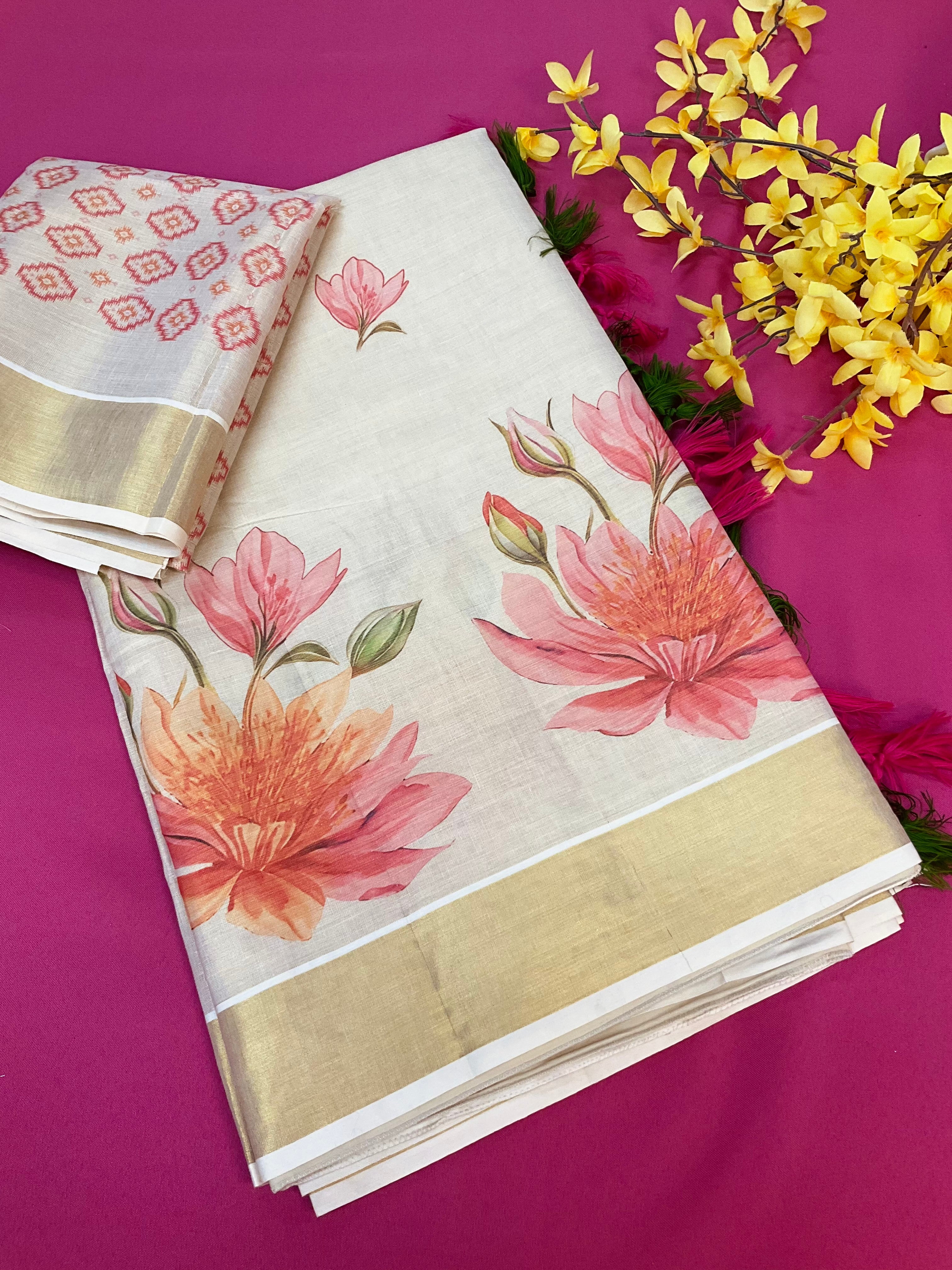 Kerala Set Saree with Floral Digital Print