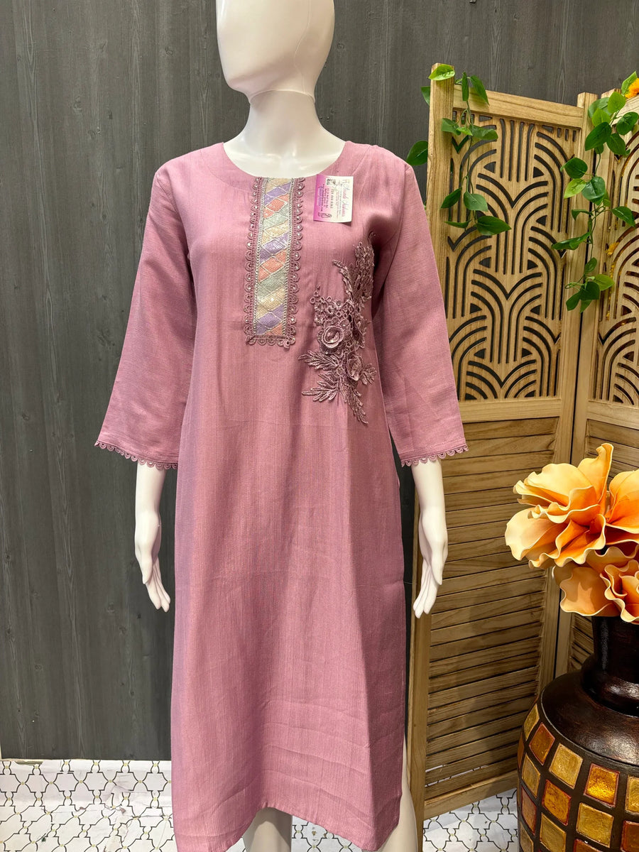 Light Lavender Kurtis with Floral Embroidery work