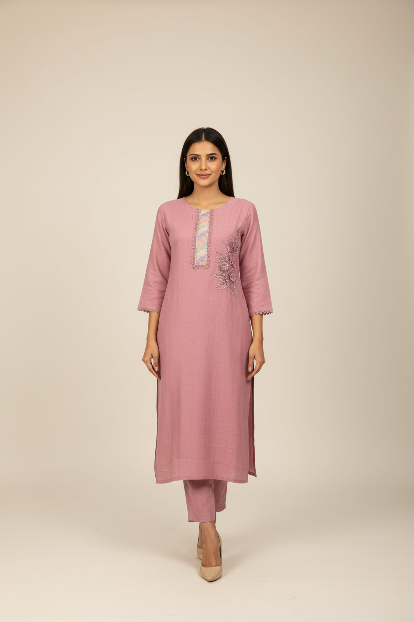 Light Lavender Kurtis with Floral Embroidery work