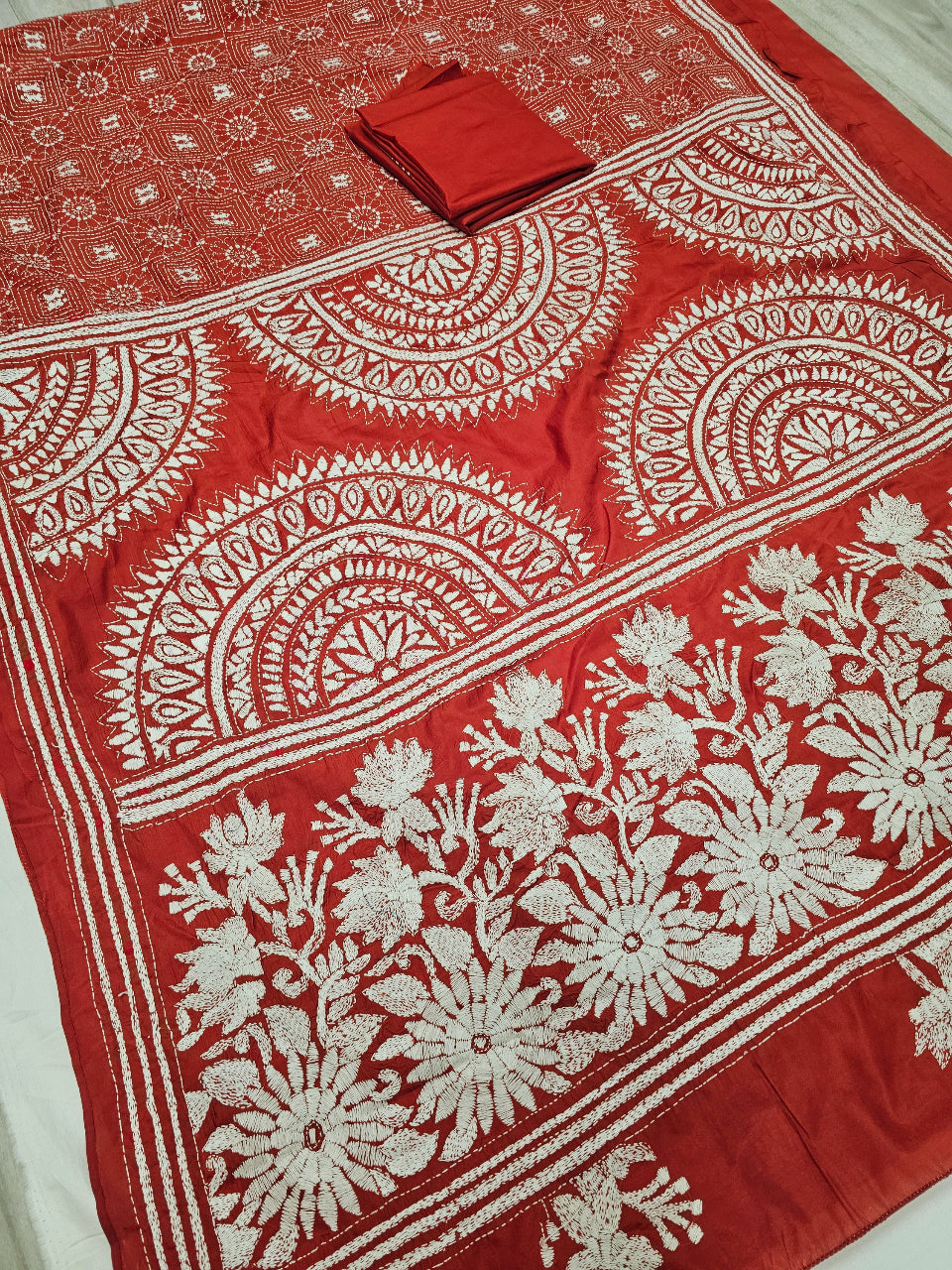 Indian Saree - Red Kantha Work saree image 2