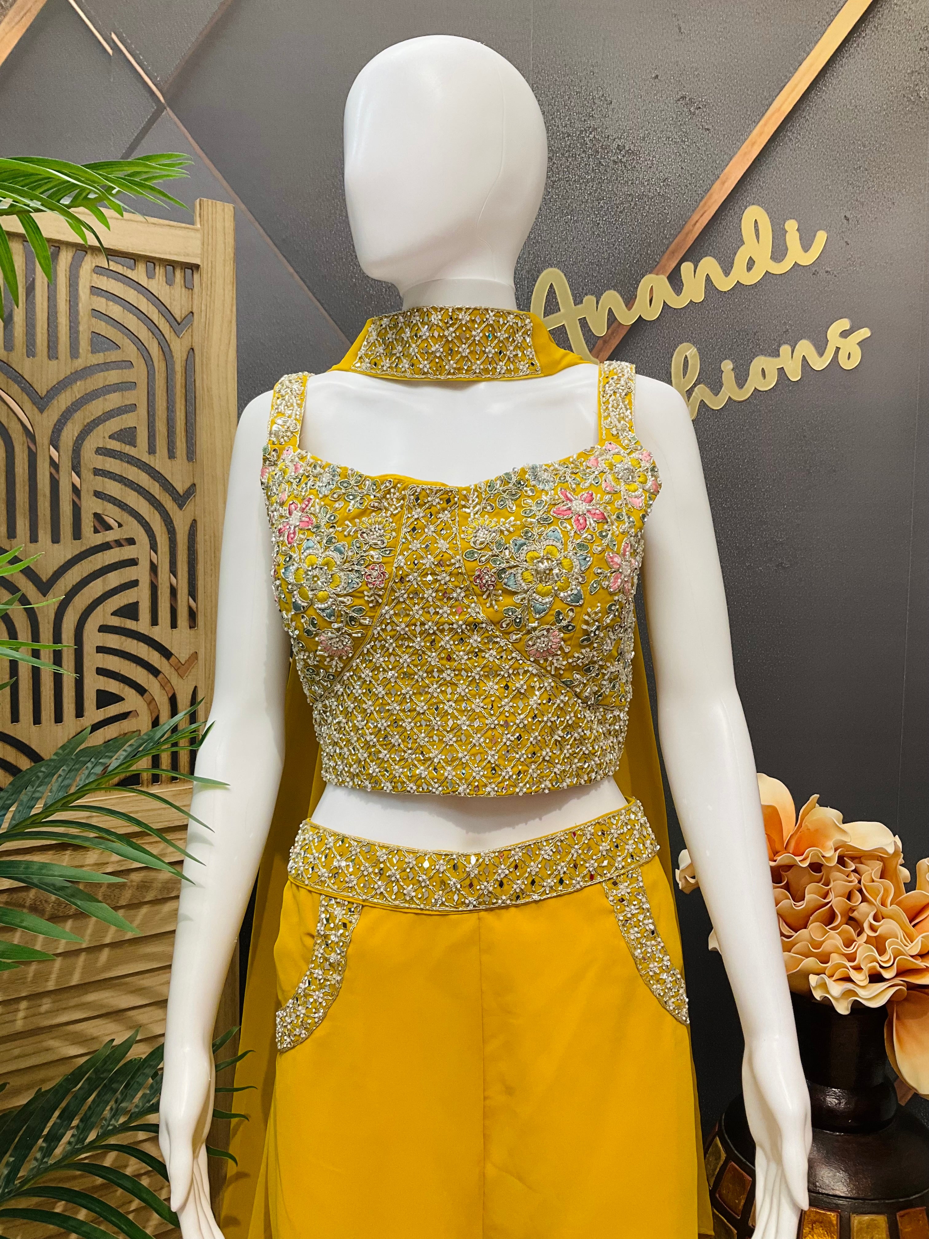 Yellow - Party Wear Crop Top - Sharara Set