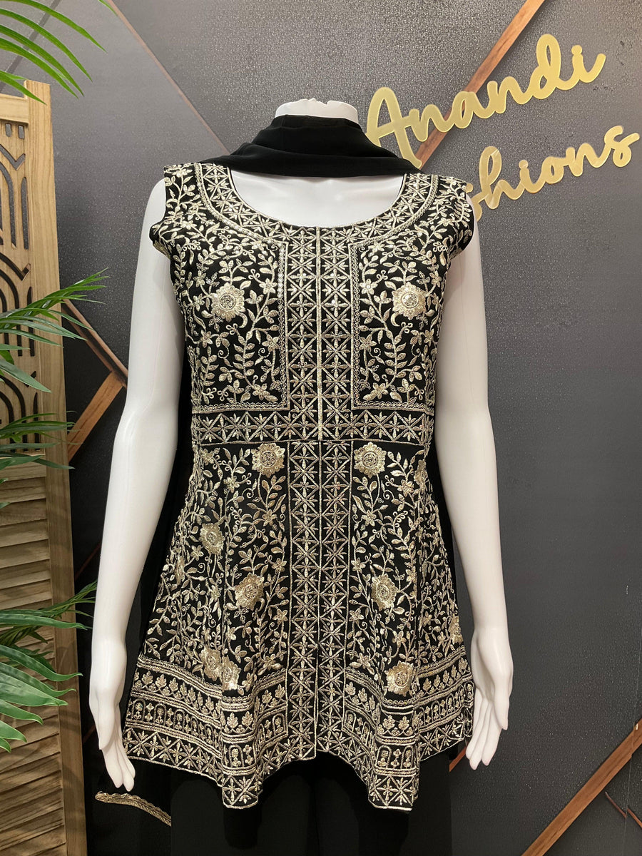 Black Chiffon Sharara Set Size 38 - Peplum Top Party Wear